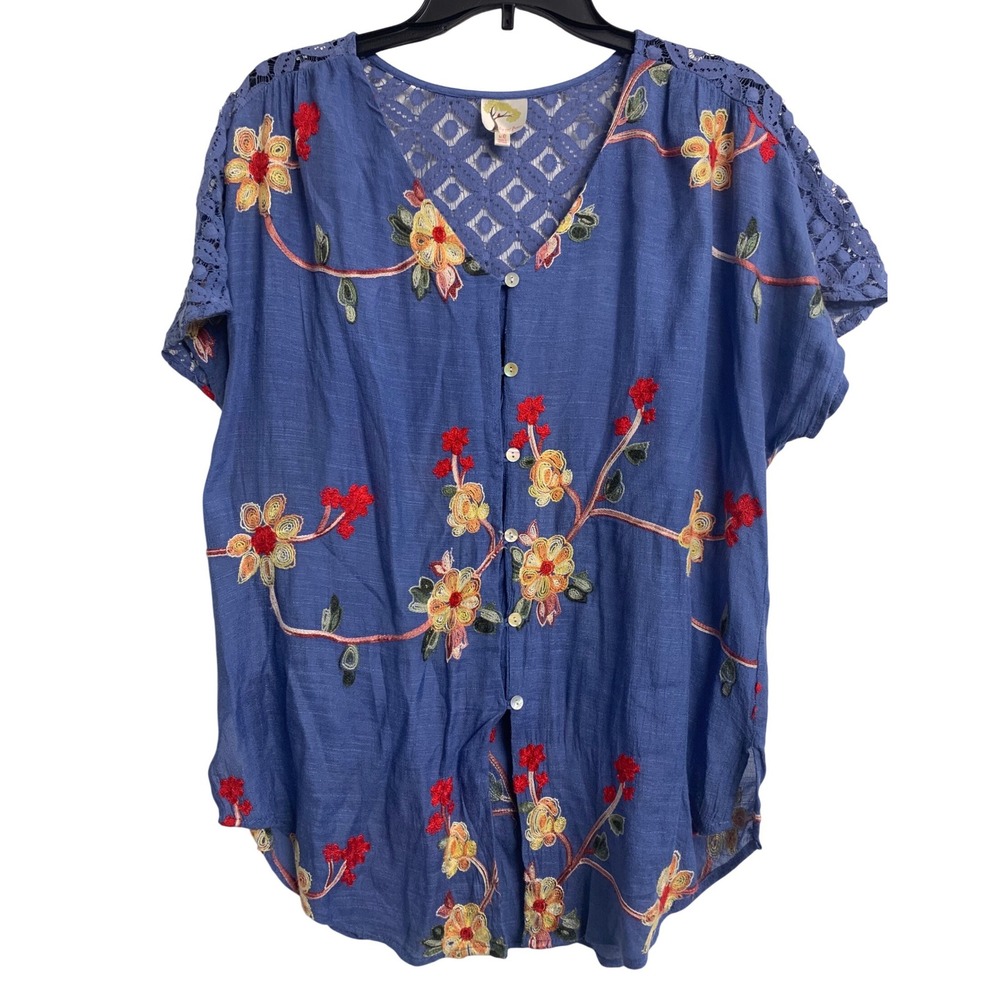 Fig and Flower Blue Boho Embroidered Lace Button Up Blouse XL